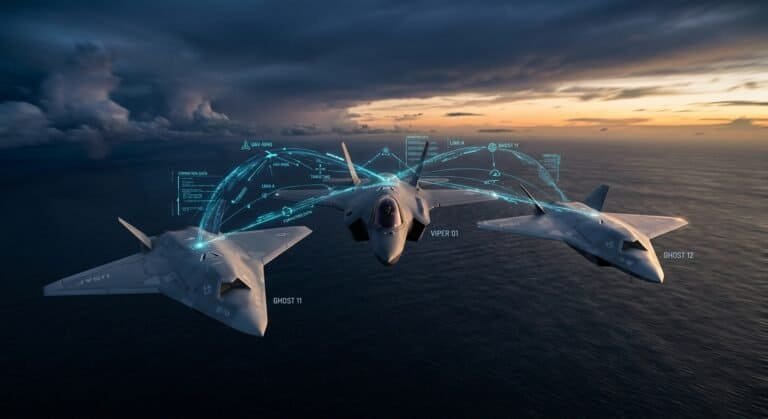 A dramatic, cinematic aerial scene depicting two sleek, futuristic unmanned combat aircraft flying in tight formation alongside a crewed stealth fighter jet over a vast Indo-Pacific ocean expanse at dusk. The autonomous wingman aircraft are angular, low-profile and grey, with no cockpits, featuring subtle sensor arrays and weapons bays. Glowing digital data streams and tactical network overlays connect the aircraft visually, suggesting AI-driven communication and mission coordination. The sky transitions from deep blue to amber on the horizon, with distant storm clouds suggesting a contested, high-stakes environment. The mood is tense, technological and forward-looking. Below, a vast dark ocean stretches to the horizon, emphasizing extreme operational range. The overall aesthetic is realistic military aviation concept art, editorial-quality, high-detail, cinematic lighting, with a cool blue and steel color palette punctuated by warm sunset tones.