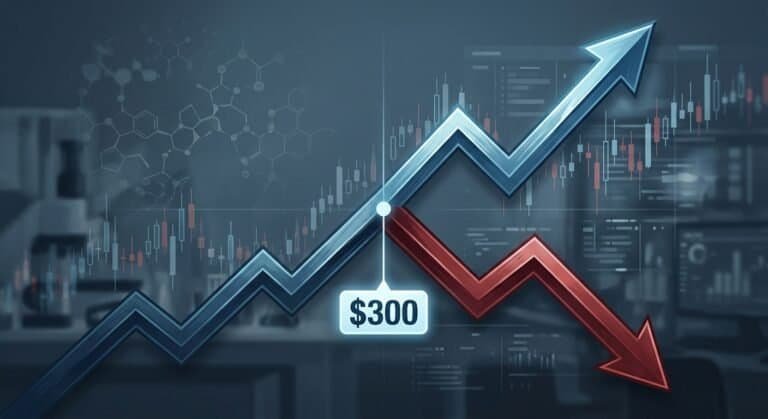 A dramatic editorial-style financial illustration showing a biotech stock chart splitting into two sharply divergent paths — one soaring upward and one plummeting downward — from a single central point representing a binary FDA decision event. In the foreground, a bold analyst price target number floats as a glowing label positioned exactly at the midpoint between the two diverging lines, visually illustrating how it describes neither outcome. The background features a muted dark blue-gray laboratory and trading floor hybrid environment, with faint molecular structures and candlestick chart patterns overlaid as subtle textures. The overall mood is analytical and slightly skeptical, rendered in a sophisticated data-journalism visual style with cool blue, red, and white tones, clean lines, and a cinematic depth of field. No text, labels, or numbers visible in the image.
