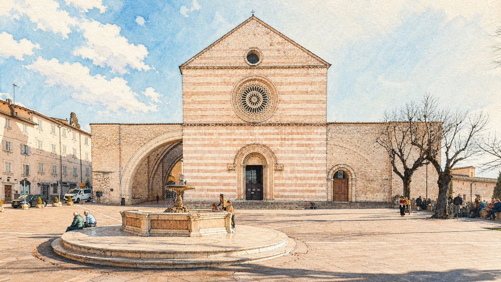 assisi basilica santa chiara acquarello Acquarello verificato della Basilica di Santa Chiara con facciata a fasce rosa e bianche, rosone e arco rampante