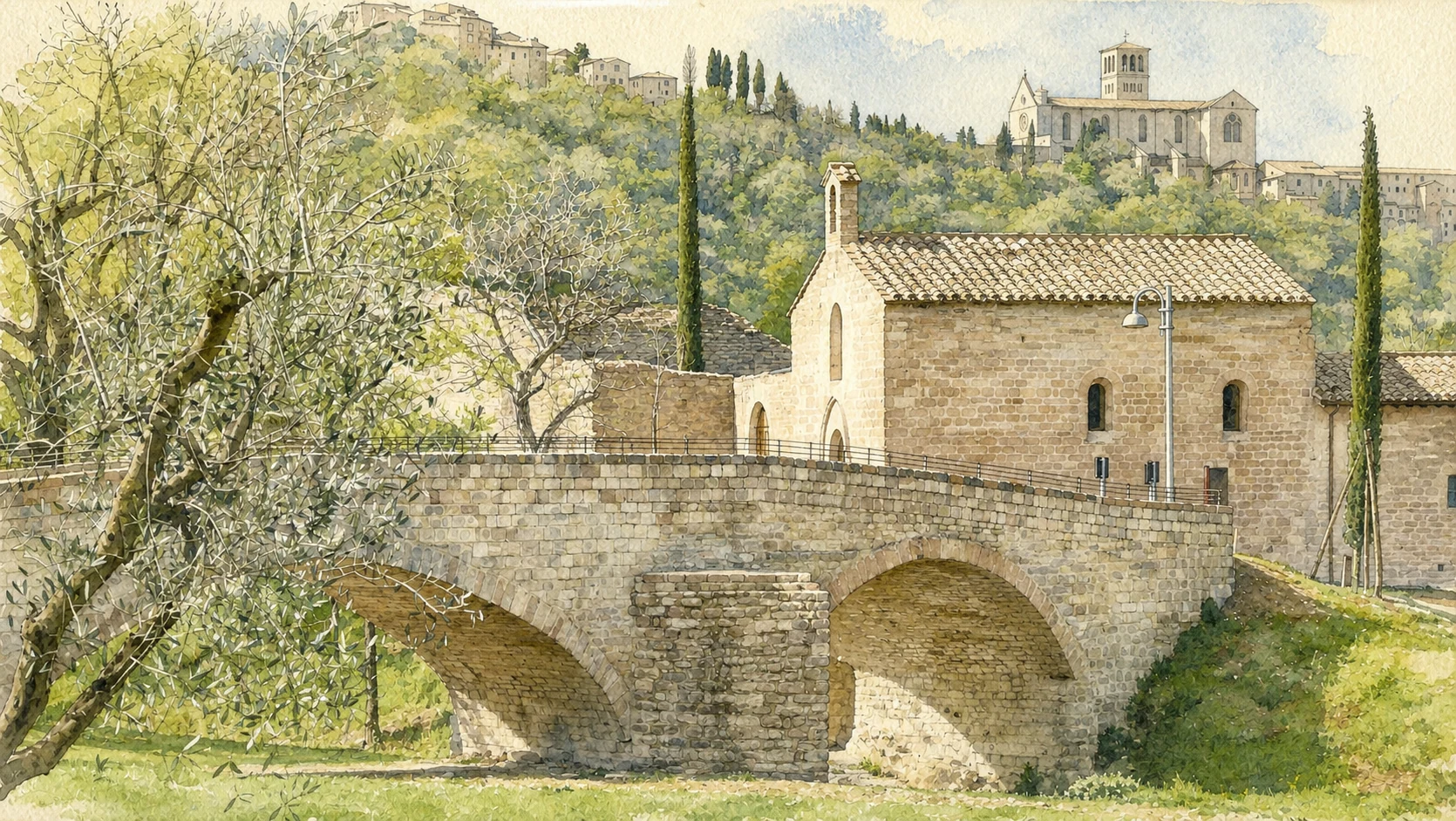 assisi bosco san francesco acquarello Acquarello verificato del Ponte dei Galli e del complesso di Santa Croce nel Bosco di San Francesco, con la Basilica sul colle