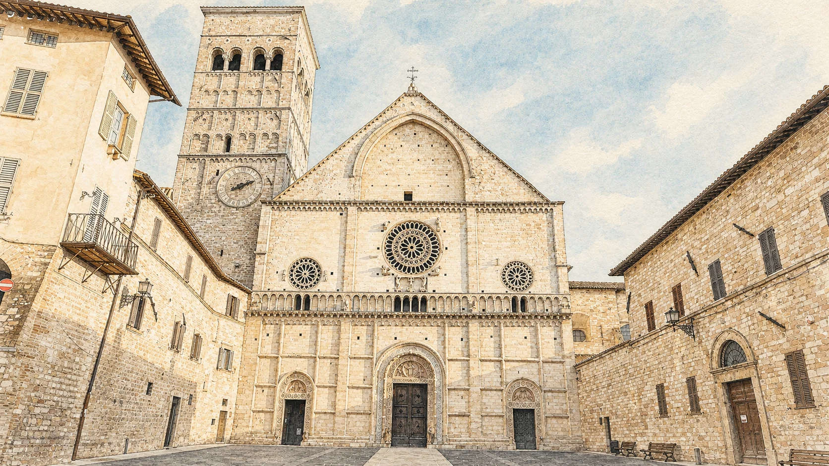 assisi cattedrale san rufino acquarello Acquarello verificato della Cattedrale romanica di San Rufino con campanile, tre portali e tre rosoni