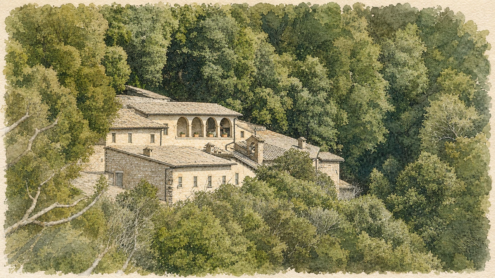 assisi eremo delle carceri acquarello Acquarello verificato dell’Eremo delle Carceri immerso nel bosco di lecci del Monte Subasio