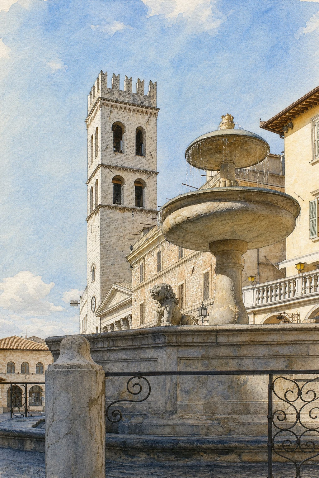 assisi piazza del comune acquarello Acquarello verificato di Piazza del Comune con Fontana dei Tre Leoni, Torre del Popolo e Tempio di Minerva