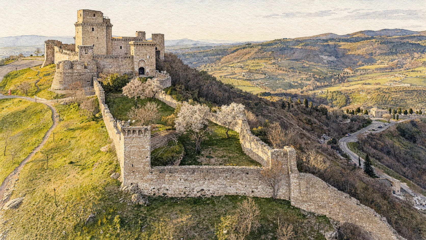 assisi rocca maggiore acquarello Acquarello verificato della Rocca Maggiore di Assisi con mastio, bastioni, mura e valle