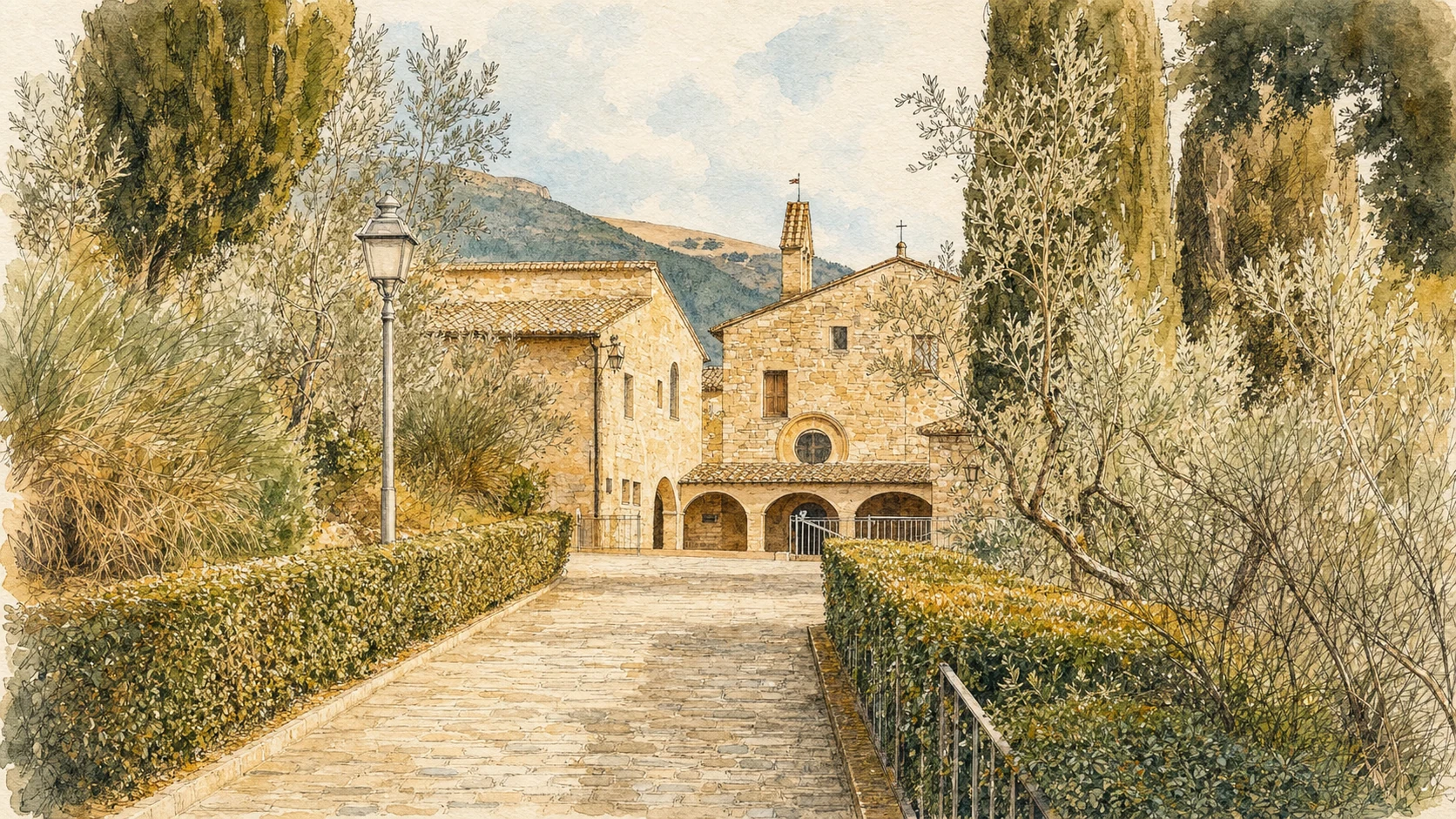 assisi san damiano acquarello Acquarello verificato dell’accesso al Santuario di San Damiano fra ulivi e cipressi
