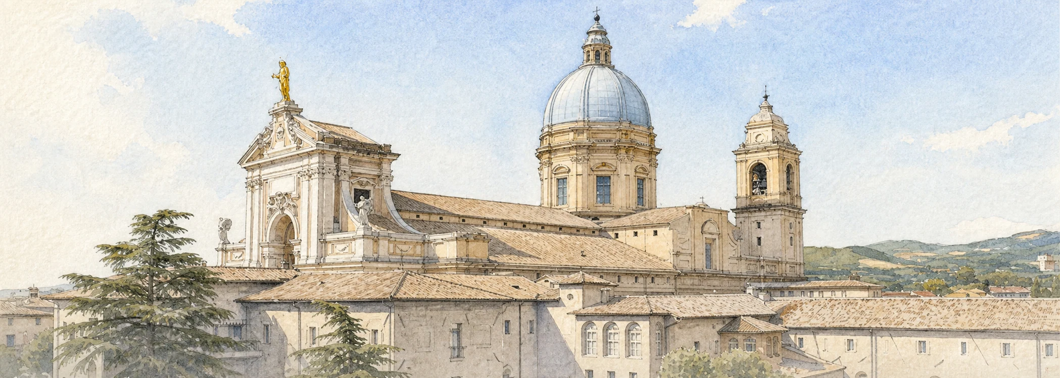 assisi santa maria angeli porziuncola acquarello Acquarello verificato della Basilica di Santa Maria degli Angeli con cupola, facciata e campanile