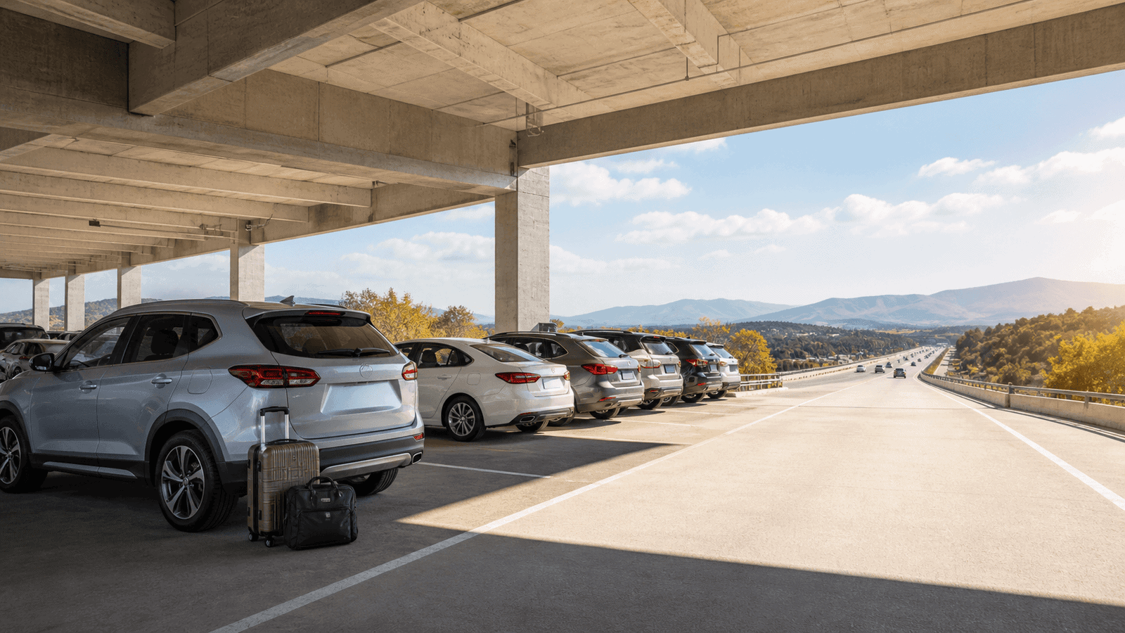 Flotta generica di auto a noleggio in aeroporto affacciata sull'autostrada per illustrare la domanda travel di Avis Budget