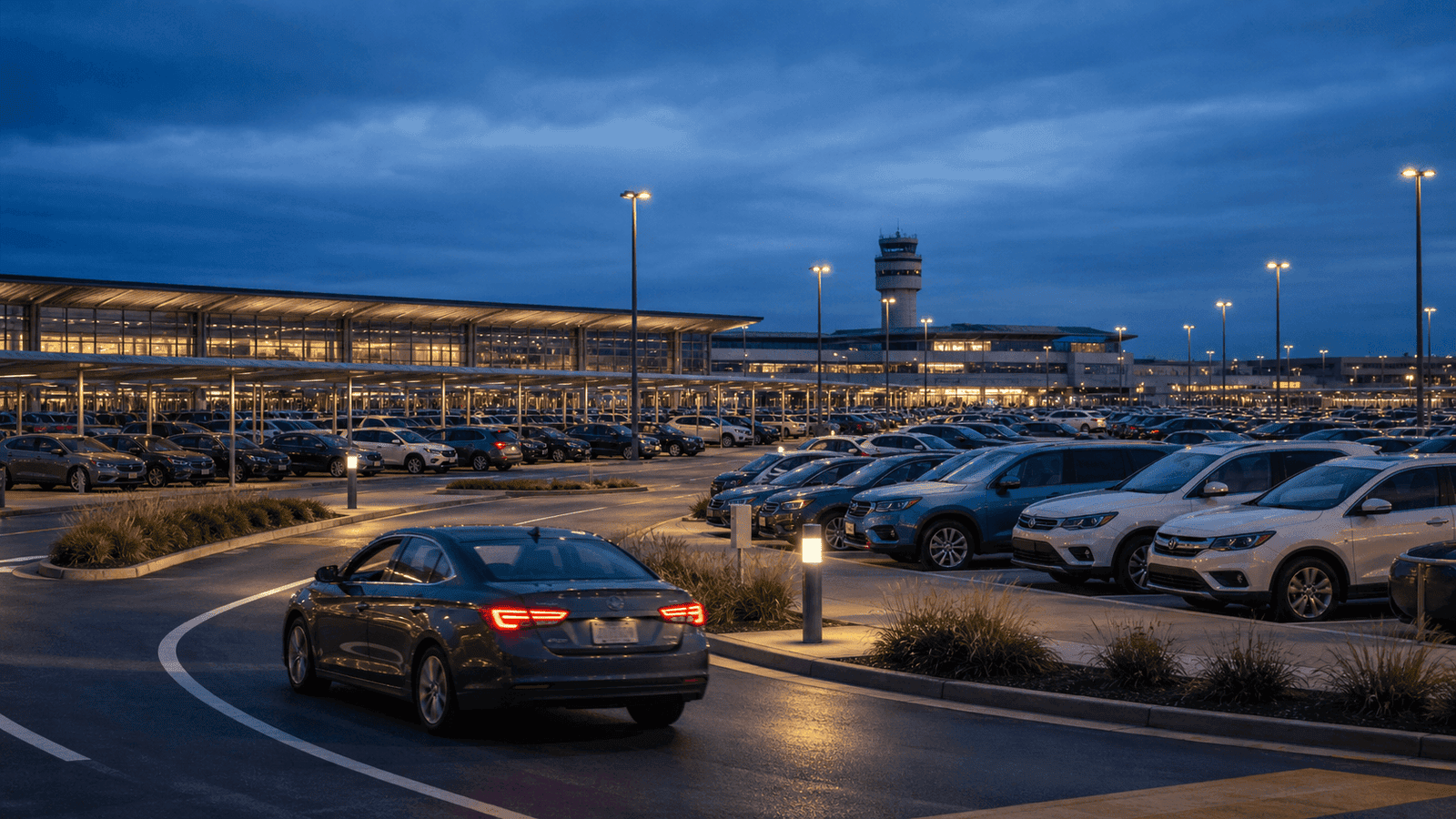 hertz htz rental fleet editorial 2026 Flotta generica di auto a noleggio in aeroporto al crepuscolo per illustrare l'economia della flotta Hertz