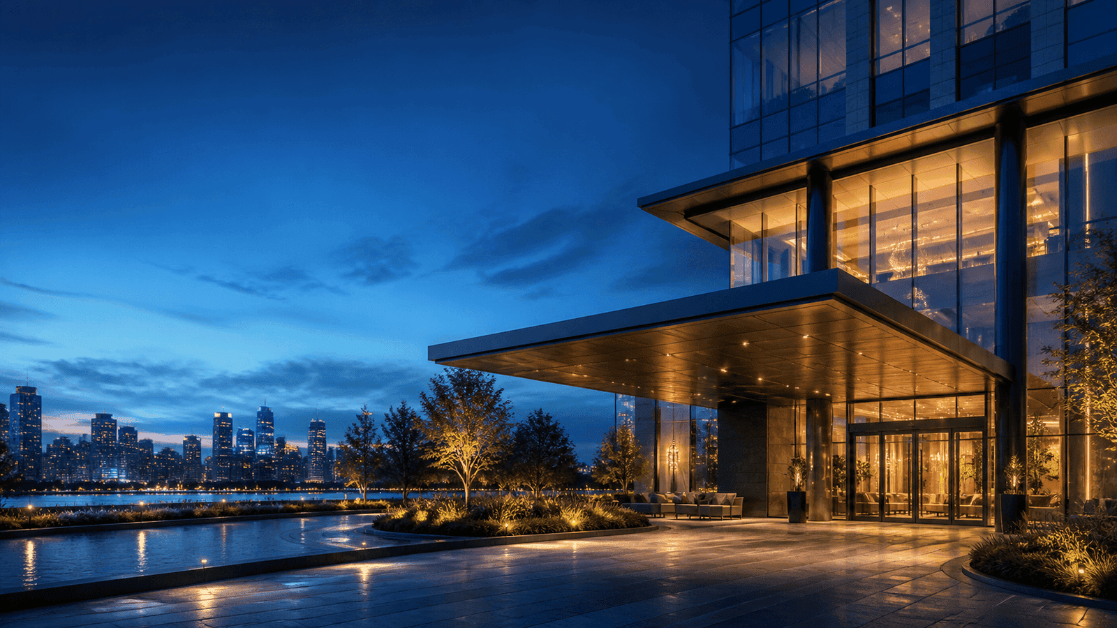 hilton hlt hotel stock hub 2026 Hotel urbano premium generico al crepuscolo per la ricerca sul titolo Hilton Worldwide