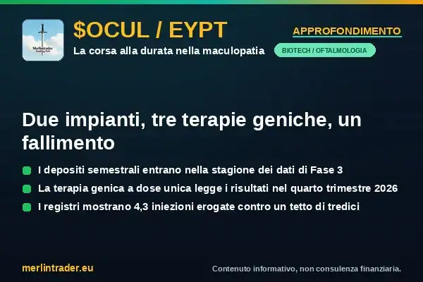 maculopatia essudativa corsa durata 2026 Maculopatia essudativa 2026: OCUL, EYPT, RGNX e FDMT a confronto