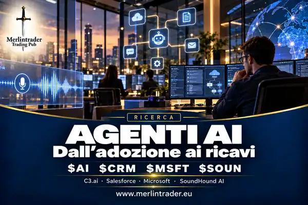 agenti ai ai crm msft soun it Illustrazione concettuale di operazioni AI aziendali con C3.ai, Salesforce, Microsoft e SoundHound AI, nei colori navy e oro Merlintrader.