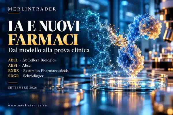ai drug evidence abcl absi rxrx sdgr it Illustrazione concettuale biotech che collega scoperta molecolare, esperimenti di laboratorio e ricerca clinica per AbCellera, Absci, Recursion e Schrödinger.