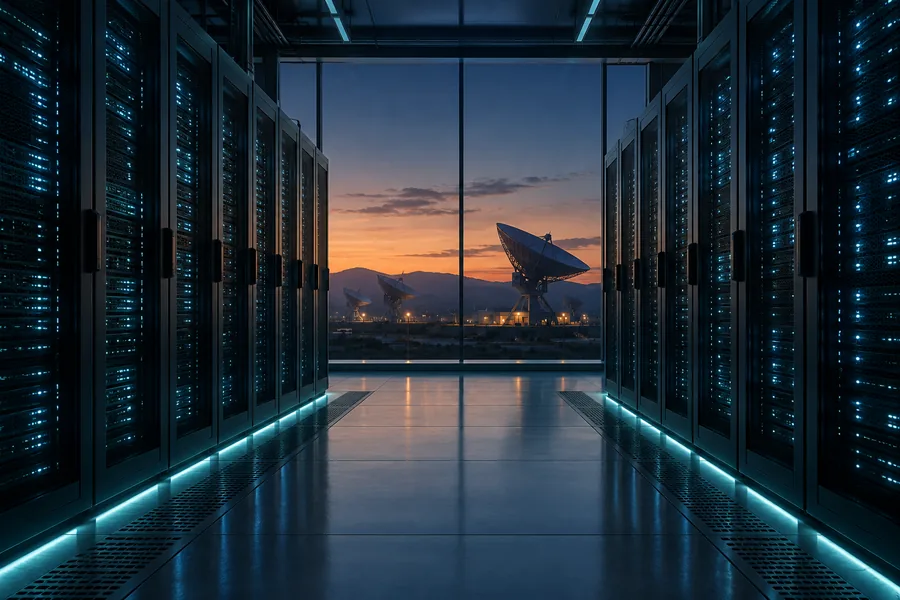 ai infrastructure Illustrazione editoriale di server AI e stazioni satellitari al tramonto