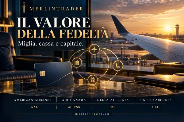 airline loyalty aal ac dal ual it Illustrazione di una lounge aeroportuale con ala di aereo, carta premium e simboli della fedeltà per American Airlines, Air Canada, Delta e United.