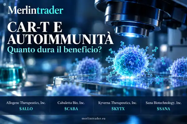 Illustrazione concettuale di CAR-T e cellule immunitarie con Allogene Therapeutics, Cabaletta Bio, Kyverna Therapeutics e Sana Biotechnology.