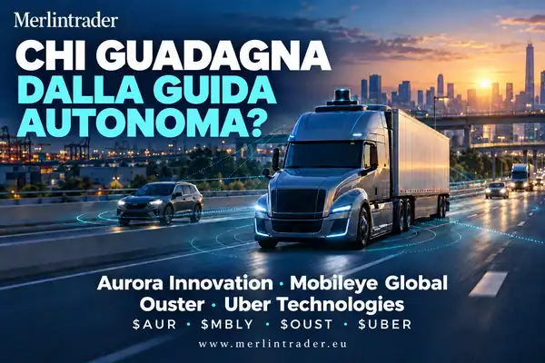 autonomous driving aur mbly oust uber it Illustrazione concettuale di camion e automobile autonomi: Aurora, Mobileye, Ouster e Uber.