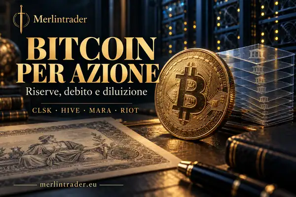 bitcoin per share clsk hive mara riot it Illustrazione concettuale di Bitcoin dorato, certificato azionario e livelli trasparenti di proprietà con server sullo sfondo: CLSK, HIVE, MARA e RIOT.
