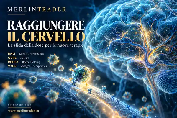 brain drug delivery dnli qure rhhby vygr it Illustrazione concettuale del trasporto di farmaci al cervello con Denali Therapeutics, uniQure, Roche e Voyager Therapeutics e i rispettivi ticker.