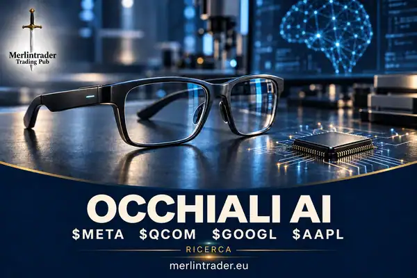 Illustrazione concettuale di occhiali AI e semiconduttori con $META, $QCOM, $GOOGL e $AAPL; non è la fotografia di un prodotto ufficiale.