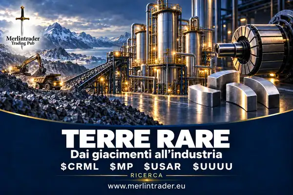 Filiera concettuale delle terre rare dal giacimento alla separazione e ai magneti, con $CRML, $MP, $USAR e $UUUU.