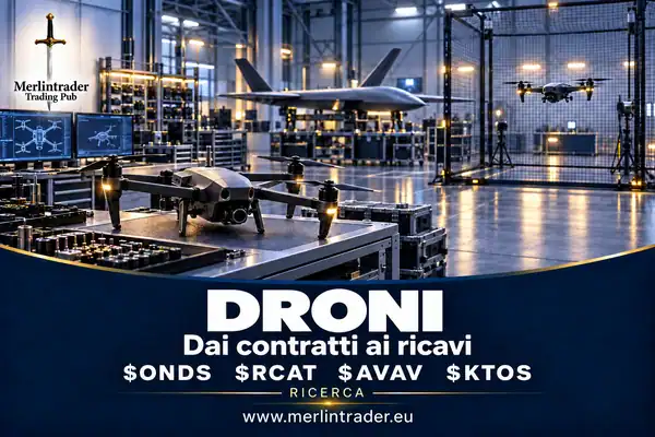 cover eu 4 Impianto concettuale di assemblaggio e collaudo dei droni con $ONDS, $RCAT, $AVAV e $KTOS, nei colori navy e oro Merlintrader.