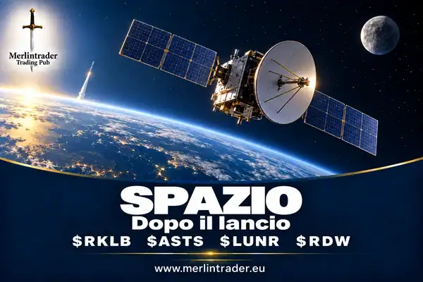Satellite concettuale sopra la Terra, con Luna e lanciatore distante, e $RKLB $ASTS $LUNR $RDW nei colori navy e oro Merlintrader.