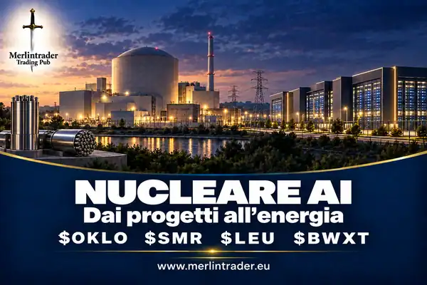 Impianto nucleare concettuale collegato a un data center con $OKLO $SMR $LEU $BWXT nei colori navy e oro Merlintrader.