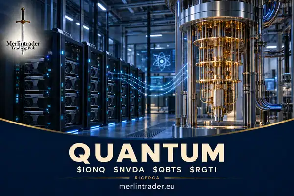 Illustrazione concettuale di hardware quantum collegato a server GPU, con $IONQ, $NVDA, $QBTS e $RGTI.
