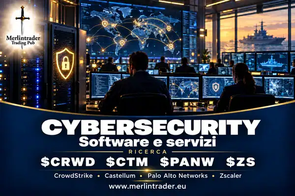 Sala operativa di sicurezza e contesto navale concettuali, con CrowdStrike, Castellum, Palo Alto Networks e Zscaler nei colori Merlintrader.
