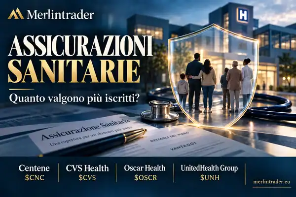 Scudo protettivo concettuale intorno a una famiglia, ospedale e stetoscopio, con Centene, CVS Health, Oscar Health e UnitedHealth Group.