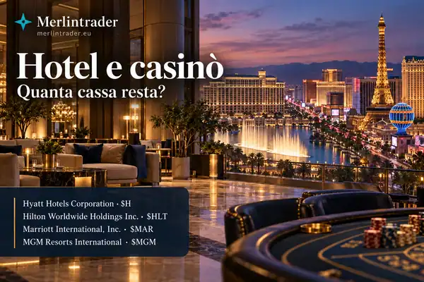 Hall alberghiera e panorama concettuale dei resort di Las Vegas con Hyatt Hotels Corporation $H, Hilton Worldwide Holdings Inc. $HLT, Marriott International Inc. $MAR e MGM Resorts International $MGM.