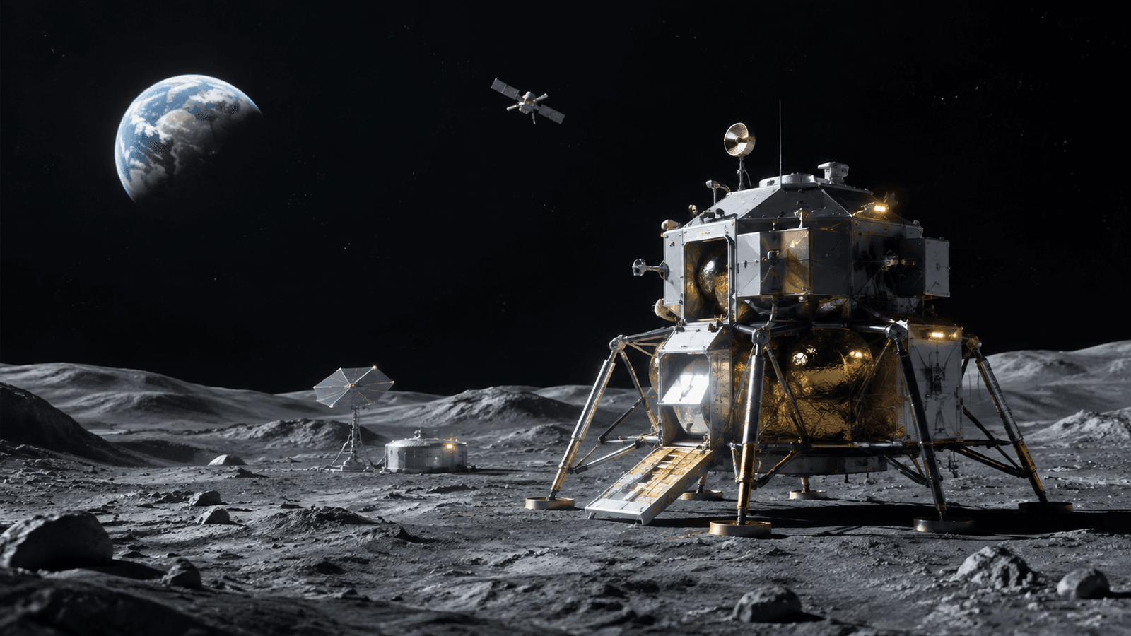 Lander lunare concettuale con la Terra all’orizzonte