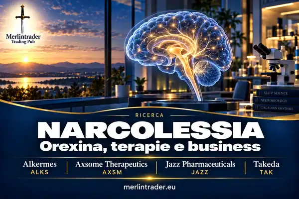 Illustrazione concettuale di un laboratorio del sonno e di connessioni neurali con Alkermes, Axsome Therapeutics, Jazz Pharmaceuticals e Takeda.