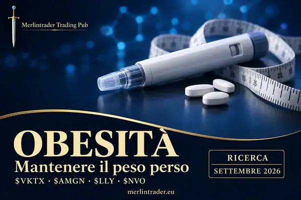 Obesità: mantenere il peso perso. Ricerca Merlintrader su $VKTX, $AMGN, $LLY e $NVO; illustrazione concettuale di penna iniettabile, compresse e metro.
