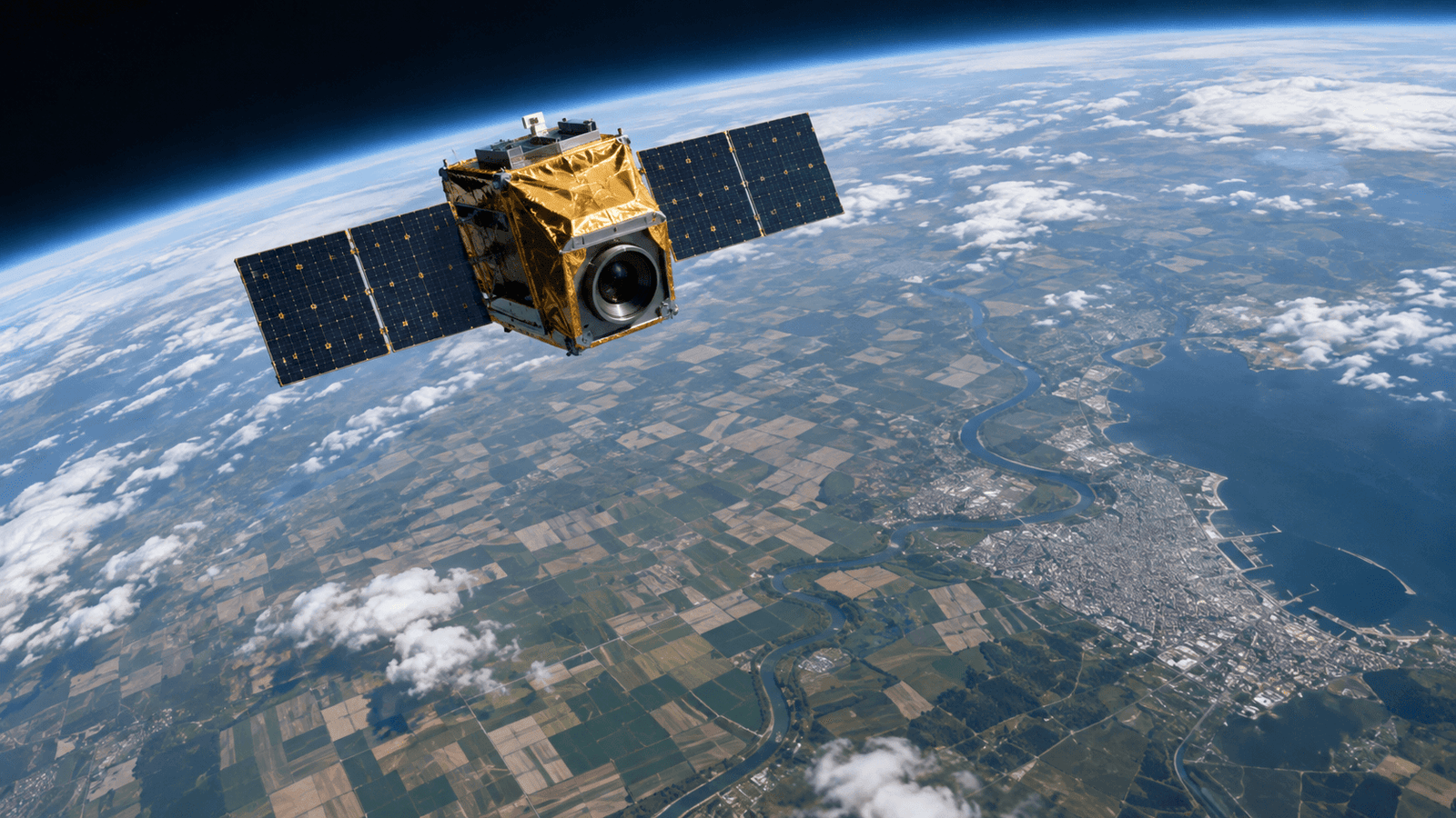 Satellite concettuale sopra campi e coste terrestri