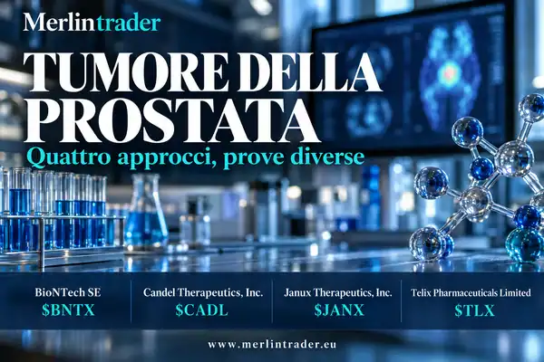 Illustrazione concettuale della ricerca sul tumore prostatico con BioNTech SE, Candel Therapeutics, Janux Therapeutics e Telix Pharmaceuticals e i rispettivi ticker.