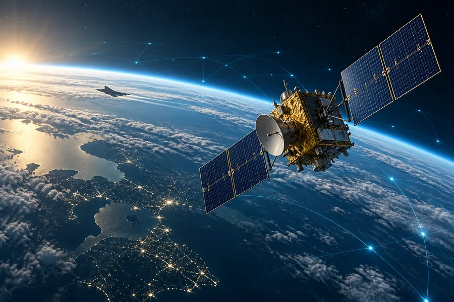 space defense ai hero Illustrazione editoriale di un satellite sopra la Terra: spazio, difesa e AI