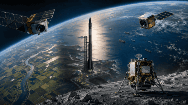 Illustrazione di satelliti, razzo e lander lunare per il confronto tra PL, RKLB, SATL e LUNR