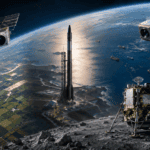 Illustrazione di satelliti, razzo e lander lunare per il confronto tra PL, RKLB, SATL e LUNR