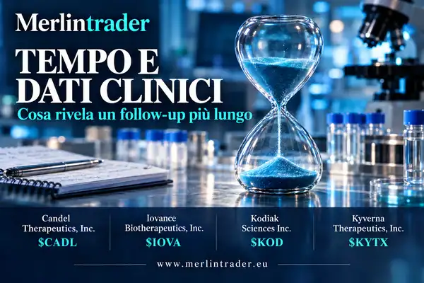 trial data maturity cadl iova kod kytx it Illustrazione concettuale del tempo nella ricerca clinica con Candel Therapeutics CADL, Iovance Biotherapeutics IOVA, Kodiak Sciences KOD e Kyverna Therapeutics KYTX.
