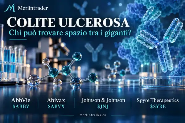 Copertina Merlintrader con laboratorio concettuale di immunologia, anticorpi e nomi con ticker di AbbVie, Abivax, Johnson & Johnson e Spyre Therapeutics.