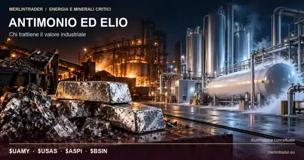antimonio elio uamy usas aspi bsin copertina Illustrazione concettuale di minerali e lingotti di antimonio accanto a un impianto criogenico per l’elio.