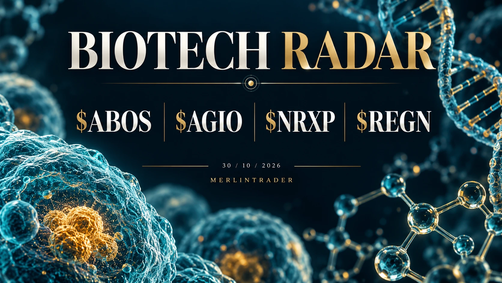 biotech radar 30 ottobre 2026 Biotech Radar 30 ottobre 2026: ABOS, AGIO, NRXP e REGN. Illustrazione editoriale generata con IA.