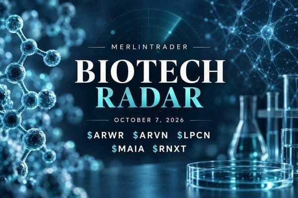 Merlintrader Biotech Radar, 7 ottobre 2026: $ARWR, $ARVN, $LPCN, $MAIA e $RNXT; illustrazione concettuale di laboratorio e molecole.