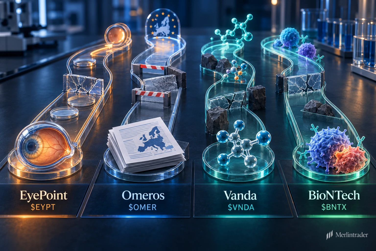 four biotech setbacks cover Illustrazione concettuale di quattro setback biotech diversi: EyePoint EYPT, Omeros OMER, Vanda VNDA e BioNTech BNTX