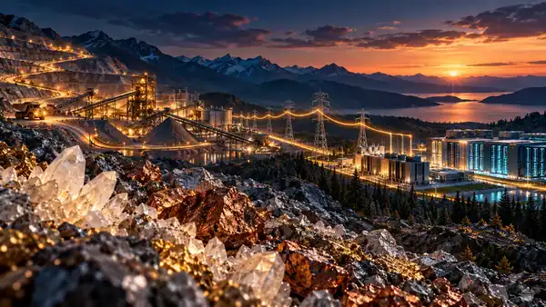 minerali energia capitale Illustrazione concettuale di minerali, miniera, rete elettrica e data center al tramonto.